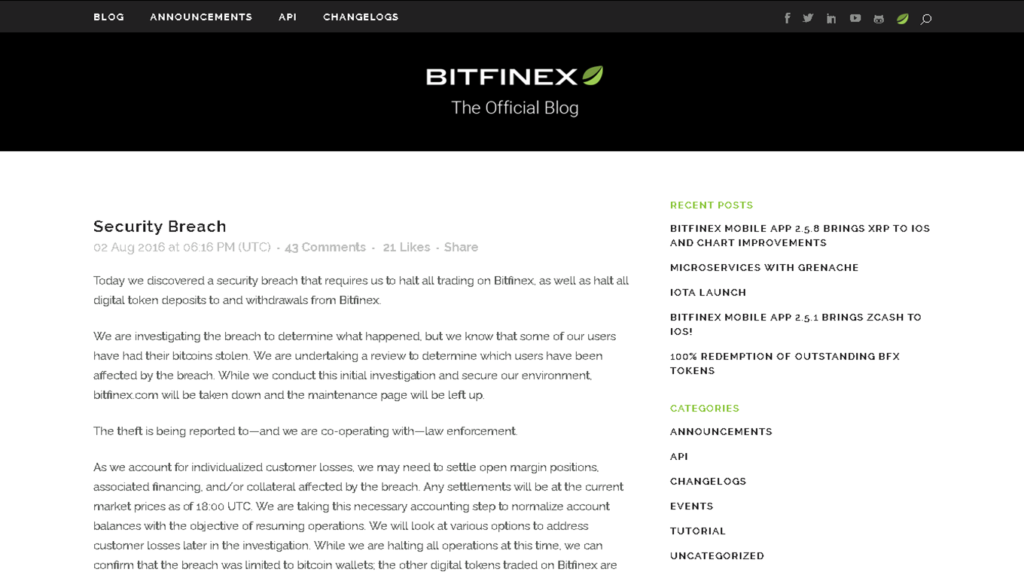Hack announcement - BitFinex blog